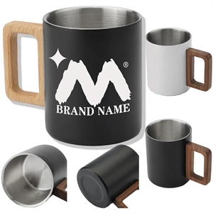 Double Wall Stainless Steel Mug With Walnut Wooden Handle