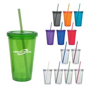16oz. Double Wall Plastic Tumblers with Straw and Lid