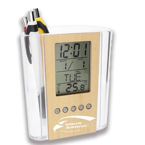 Multifunctional Digital Bamboo And Wood Pen Holder Clock