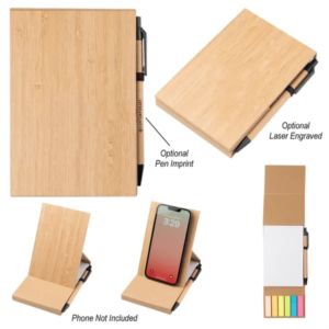 Bamboo Desk Jotter With Phone Stand | https://www.bestnamebadges.com