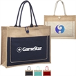 Two Tone Jute Tote Bag W/ Front Pocket & Colored Handles | https://www.bestnamebadges.com
