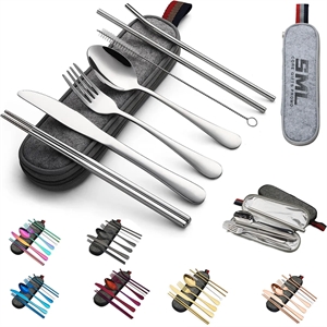 Portable 7 pcs Stainless Steel Cutlery Set w/Felt Bag