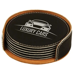 Black/Silver Leatherette Round Coaster Set