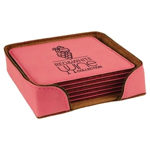 Pink Leatherette Square Coaster Set