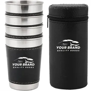 6oz.  Portable Stainless Steel Cups Set With Leather Cover