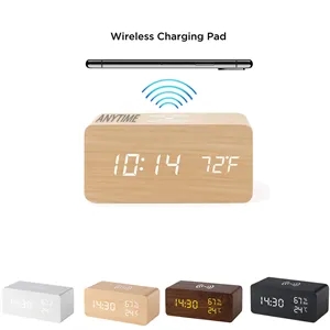 Alarm Clock With Wireless Charging Pad Wood LED Digital