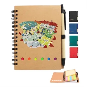 Kraft Paper Spiral Pocket Sticky Notebook With Pen