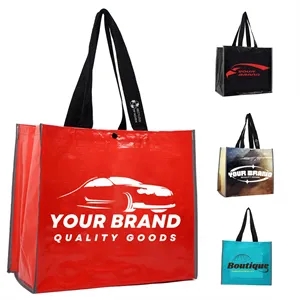 Film covered woven durable custom logo film Grocery tote bag | https://www.bestnamebadges.com