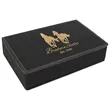 Stainless Steel Black/Gold Leatherette Flask Gift Set | https://www.bestnamebadges.com