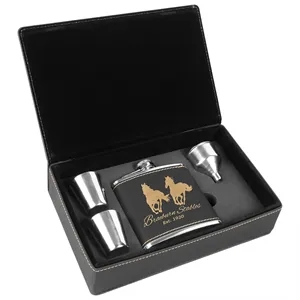 Stainless Steel Black/Gold Leatherette Flask Gift Set