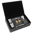 Stainless Steel Black/Gold Leatherette Flask Gift Set | https://www.bestnamebadges.com