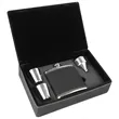 Stainless Steel Black/Gold Leatherette Flask Gift Set | https://www.bestnamebadges.com