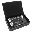Stainless Steel Black/Silver Leatherette Flask Gift Set | https://www.bestnamebadges.com