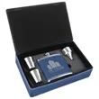 Stainless Steel Blue/Silver Leatherette Flask Gift Set | https://www.bestnamebadges.com