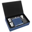 Stainless Steel Blue/Silver Leatherette Flask Gift Set | https://www.bestnamebadges.com