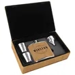 Stainless Steel Bamboo Leatherette Flask Gift Set | https://www.bestnamebadges.com