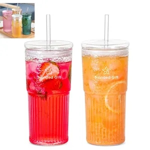 19 OZ Glass Cups With Lids and Straws