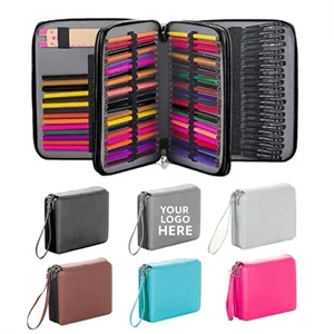120 Slots PU Leather Zipper Pencil Case with Handle Strap