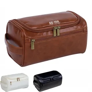 PU Leather Vintage Toiletry Bag for Men Women with Hanging H