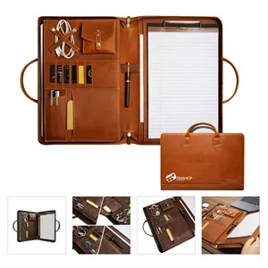 Zippered Executive Genuine Leather Portfolio With Handle