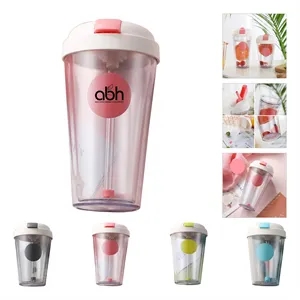 15Oz Reusable Double Plastic Flip Tumbler Cup With Straw