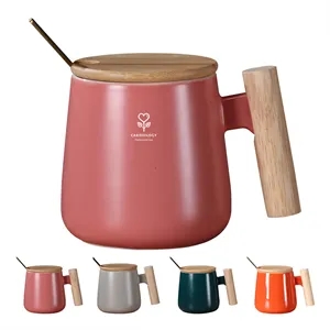 12oz. Ceramic Wooden Handle Tea cup Lid Spoon Coffee Mug