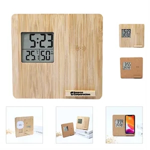 Wireless Charging Weather Temperature Humidity Bamboo Clock