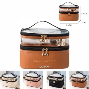 Leather Double Layer Large Organizer Cosmetic Bag