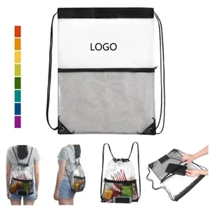 Clear PVC Drawstring Cinch Sack Backpack With Front Zipper