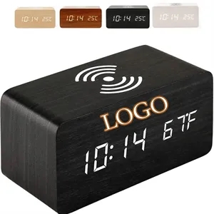 Wooden Digital Alarm Clock with Wireless Charging
