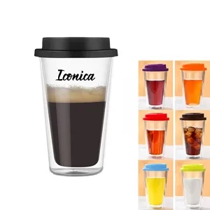 12oz Double Walled Glass Coffee Mugs with Silicone Lids