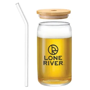 16 oz. Glass Can Cup w/Bamboo Lid & Glass Straw | https://www.bestnamebadges.com