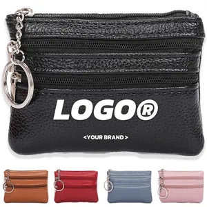 Leather Mini Small Wallet Handheld Coin Zipper Bag Keychain
