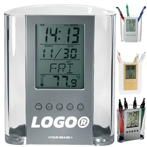 LCD Digital Alarm Clock Desk Calendar Pen Holder Organizer
