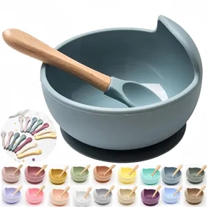 Silicone Suction Bowls And Wooden Spoon For Baby In Stock