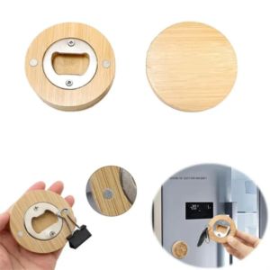 Custom Bamboo/Wood Round Fridge Magnet w/ Bottle Opener