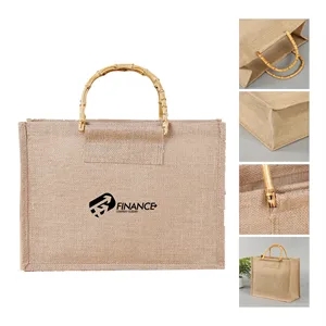 Large Jute Tote Bag W/ Bamboo Handles