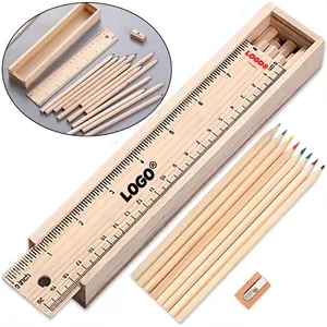 12 Colored Pencil Set With Lead Sharpener And Wooden Ruler