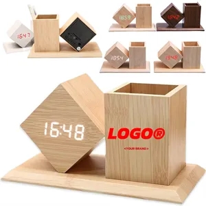 Students Wooden Voice Controlled LED Pen Holder Alarm Clock