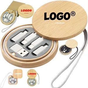 Multi USB Adapter Kit Fast Charging Cable Bamboo Storage Box