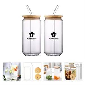 Glass cup with bamboo lid and straw 17 ounces