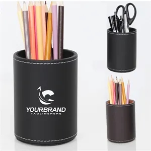 Circular Leather Pen Holder Desktop Stationery Storage Box