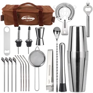 Travel Bartender Kit W/20 Piece Cocktail Shaker Portable Bag