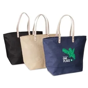 Jute Tote Bag w/ Leather Handles/Zipper Closure & Pocket (L)