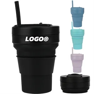 16oz. Collapsible Silicone Travel Cup with Straw