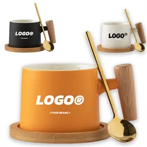 Luxury Ceramic Coffee Mug With Wooden Handle Gift Cup Set