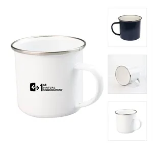 12Oz White Enamel Mug Silver Rim With Case