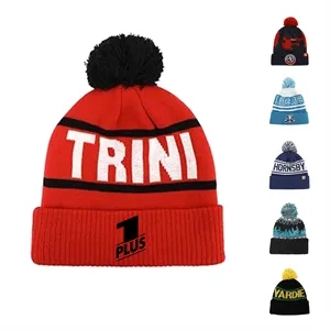 Two Tone Knit Pom Beanie With Cuff