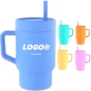 In Stock Custom Silicone Travel Mug With Handle And Straw