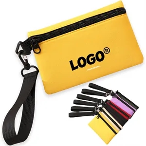 Portable Canvas Coin Pouch With Zipper And Wrist Strap